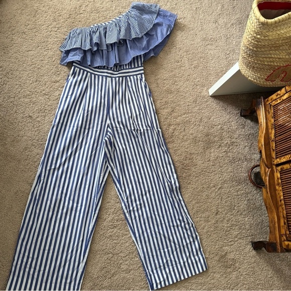 J.Crew- Blue and White Stripe One Shoulder Multi Ruffle Jumpsuit - Picture 6 of 8